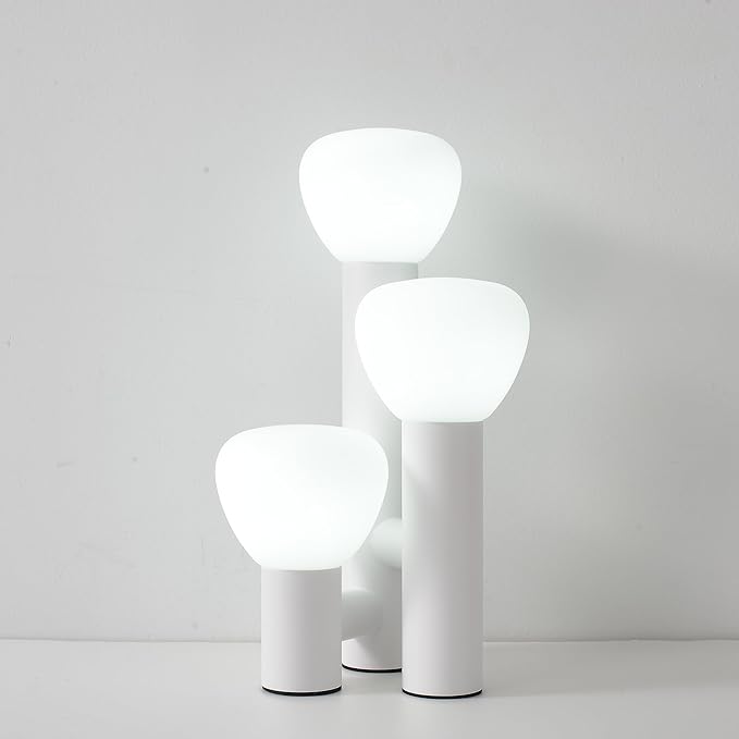Modern 3-Light Table Lamp, White Metal Base, White Mushroom Shaped Glass Globes, 3 Color Temperatures, 16.5 inches Height,Portable Desk Lamp for Bedroom Living Room