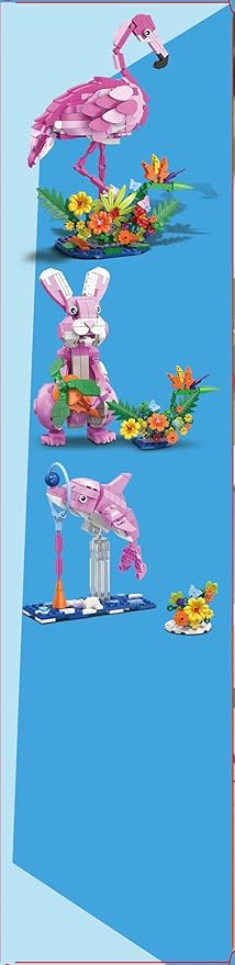 HOGOKIDS 3 in 1 Pink Flamingo Building Set with Flowers, Animal Figure with 3 Building Options - Flamingo, Bunny, or Dolphin, 558PCS Creative Easter Birthday Gift, Learning Toy for Kid Girl Boy Age 6+