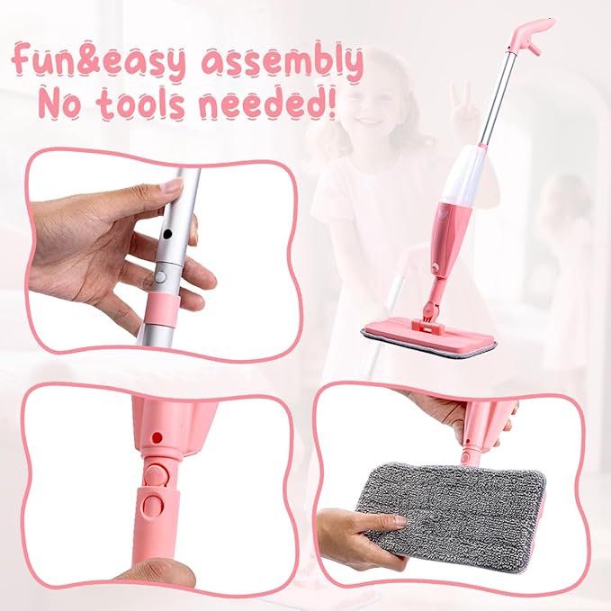 Kids Spray Mop, Pink Mini Mop Set with 2 Microfiber Washable Pads and 10 Disposable Dry Dusting Cloths, Dust Mop for Floor Cleaning, Small Mop for Toddlers Gift