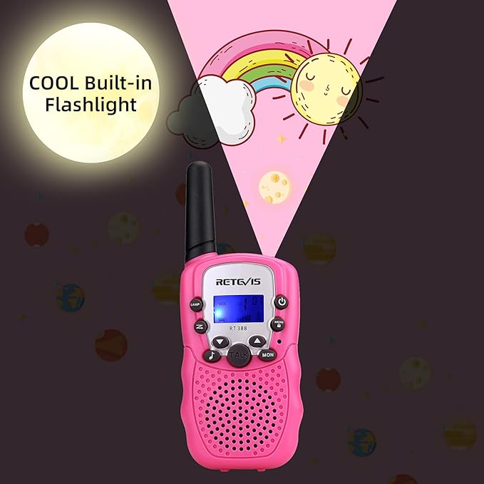 Retevis RT-388 Kids Walkie Talkies for Girls Boys,6-12 Year Old Kids' Toys,22 CH LCD Flashlight,Christmas Halloween Gifts,Camping Outdoor(Pink,2 Pack)