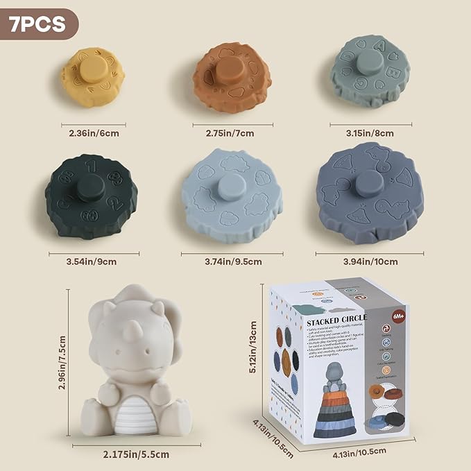 Stacking & Nesting Baby Teething Toy, 7 Pcs Soft Building Rings Stacker Toys with Dinosaur, Newborn Essentials Sensory Learning Toys for 6 12 18 Months Infant Toddler Boys Girls