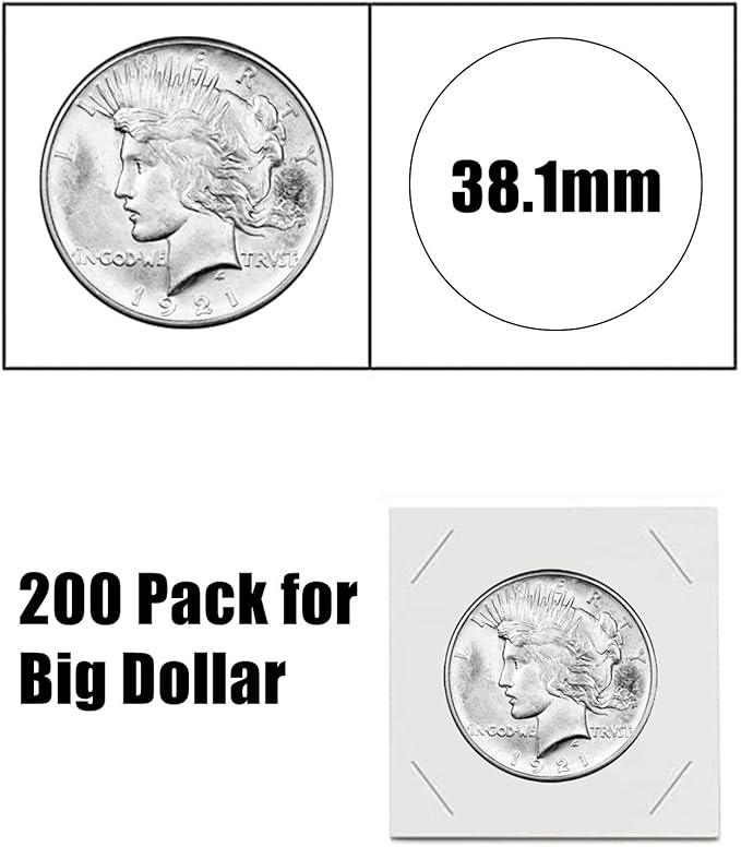 MUDOR Premium Coin Flips for Large Dollar, 200 Pack Cardboard Coin Holder, Mylar Coin Flips 2x2, Paper Coin Holders, Large Dollar(38.1mm)