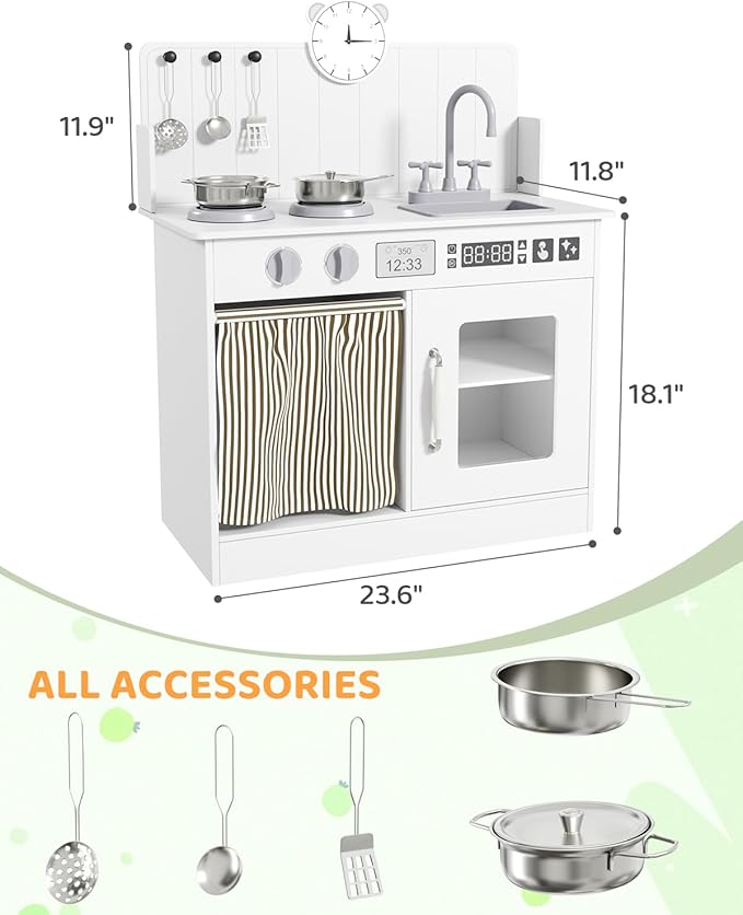 MAMIZO Kids Kitchen Playset with Ample Storage, Interactive Play Kitchen with Simulated Gas Cooker, Clicking Knobs, Sink, Faucet, 6 Pcs Cookware, Educational Clock for Toddlers (White)