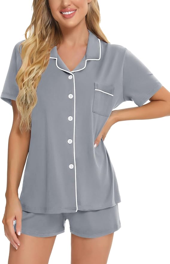 SWOMOG Womens Button Down Pajamas Set Short Sleeve Sleepwear Bride Soft Pj Lounge Sets XS-3XL