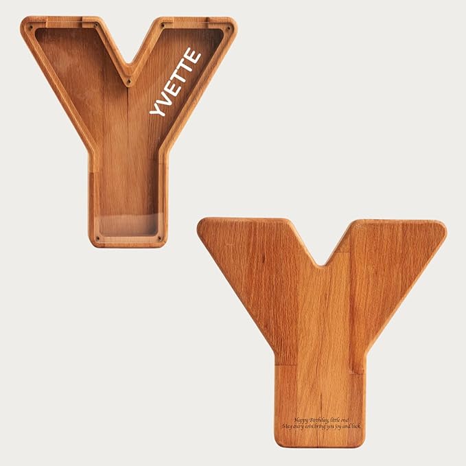 Personalized Wooden Piggy Bank – Custom Letter Y Coin Bank in Beech Wood with Clear Acrylic Front, Engraved Name Option, Money Saving Box for Kids and Adults