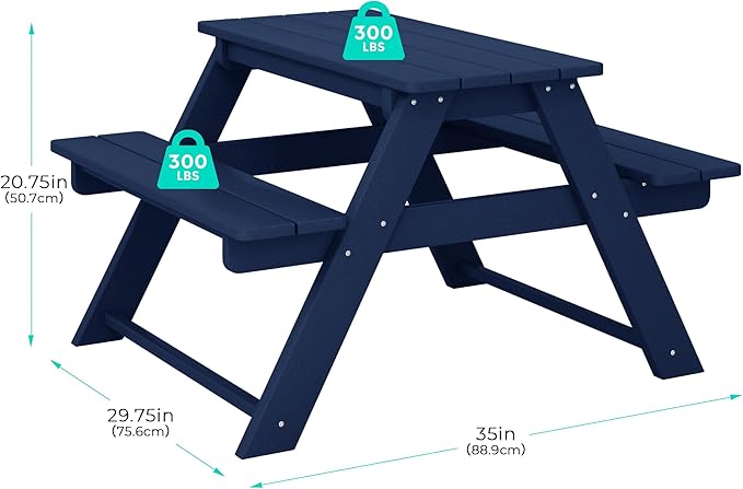 Costaelm Kids Picnic Table, HDPE All Weather Outdoor Toddler Picnic Table and Chair Set Kids Bench for Patio, Backyard, Garden, Lawn, Navy Blue