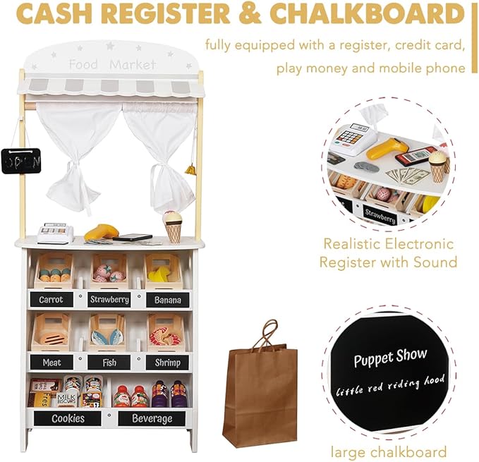 Kids Grocery Store Playset,Pretend Play Store Toy & Wooden Supermarket Shopping Cart with Toy Cash Register, Play Money&Blackboard;26PCS Food Toys Shop for 3+ year old boys girls toddler baby