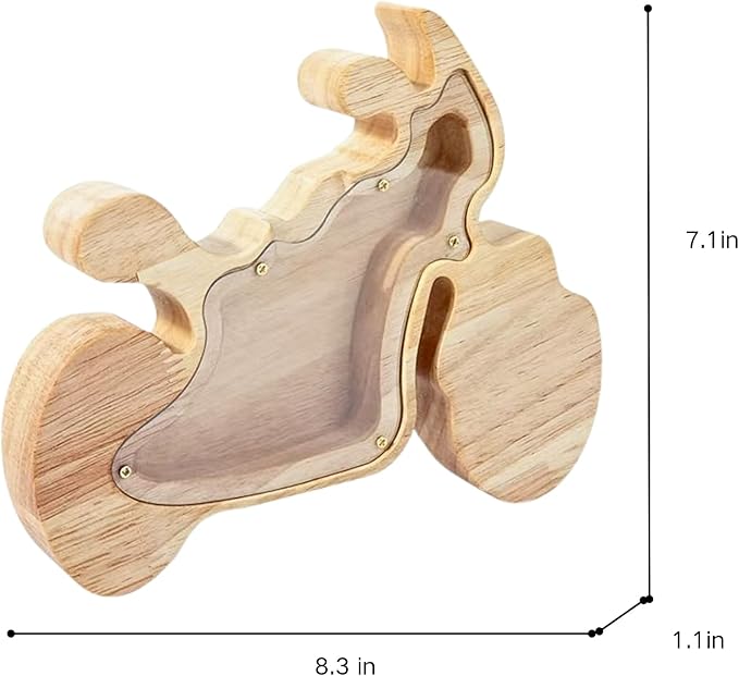 Motorcycle Shaped Wooden Piggy Bank Transparent Acrylic Panel Money Savings Box Creative Coin Bank for Kids Boys Adults, Birthday Home Décor