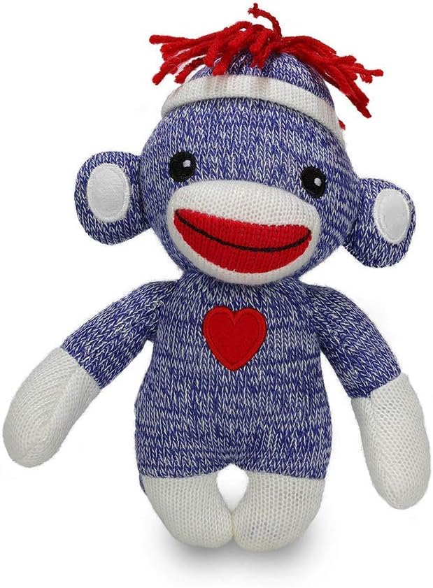 Plushland Adorable Sock Monkey, The Original Traditional Hand Knitted Stuffed Animal Toy Gift-for Kids, Babies, Teens, Girls and Boys Baby Doll Present Puppet 6 Inches (Blue)