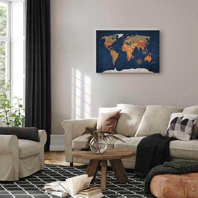 artgeist Acoustic Canvas Wall Art Print World Map 35x24 in - 1pcs Picture with Acoustic Foam Sound Print Artwork Room Acoustics Soundproofing Poster Map of The World World Travel Map k-C-0048-b-b