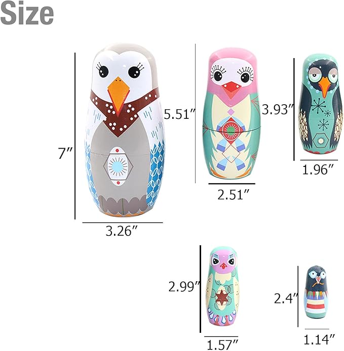 7" Russian Nesting Dolls, Handmade Wooden Matryoshka Dolls with Cute Bird Patterns, Animal Stacking Toys for Kids, Birthday Gift & Home Decoration