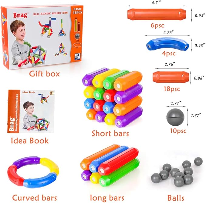 Bmag 38 PCS Magnetic Balls and Rods Set, Magnet Building Sticks Set, Building Blocks Tiles, STEM Stacking Toys for Kids,Juniors,Toddlers