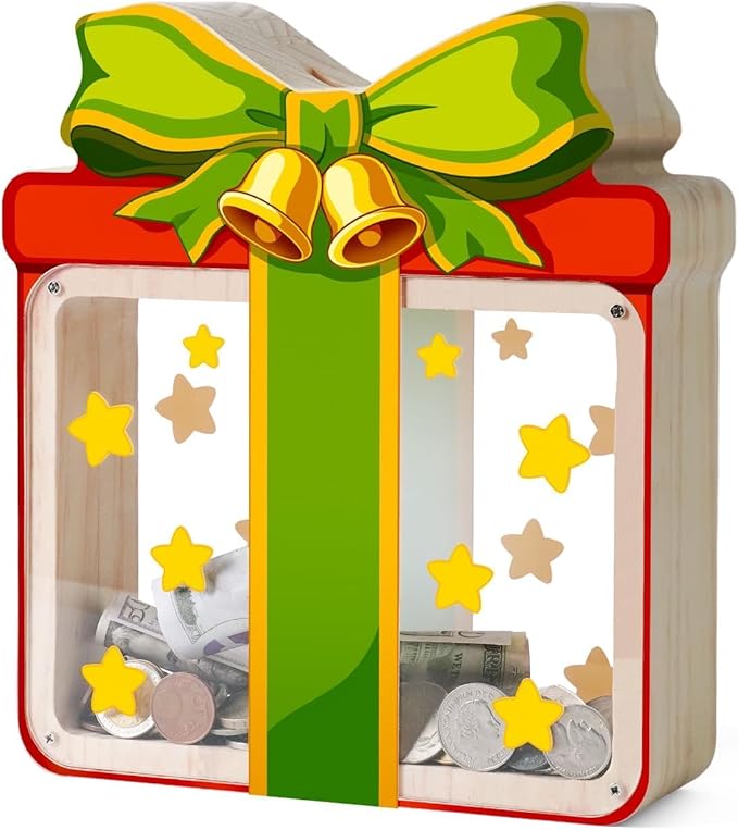 Wooden Christmas Piggy Bank for Kids, Gift Box Piggy Bank with Acrylic Panels, Unbreakable Toddler Money Box for Boys Girls, DIY Kids Safe Coin Bank with Letter Sticker