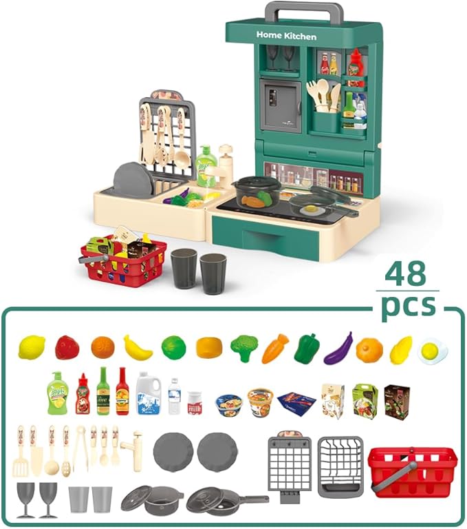 Pretend Play Kitchen Toy Set Folding Role Play Toy with 45pcs Realistic Food Fruits Vegetables Pans Cooking Utensils Basket Sink etc Portable Educational Indoor Outdoor Toys for Kids Ages 3