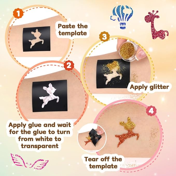 Glitter Tattoo Set, Bledras 36 Colors Kids Tattoo Set, 178 Stencils, 5 Brushes, 2 Glue, Flash Tattoo Kit for Girls, Boys and Adults, Carnival Festival, Cosplay Parties, Games (Orange)