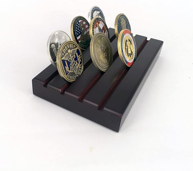 Glamtune 4 Rows Coin Holder,Challenge Coin Display Stand Rack Military Coin Holder (Wood )