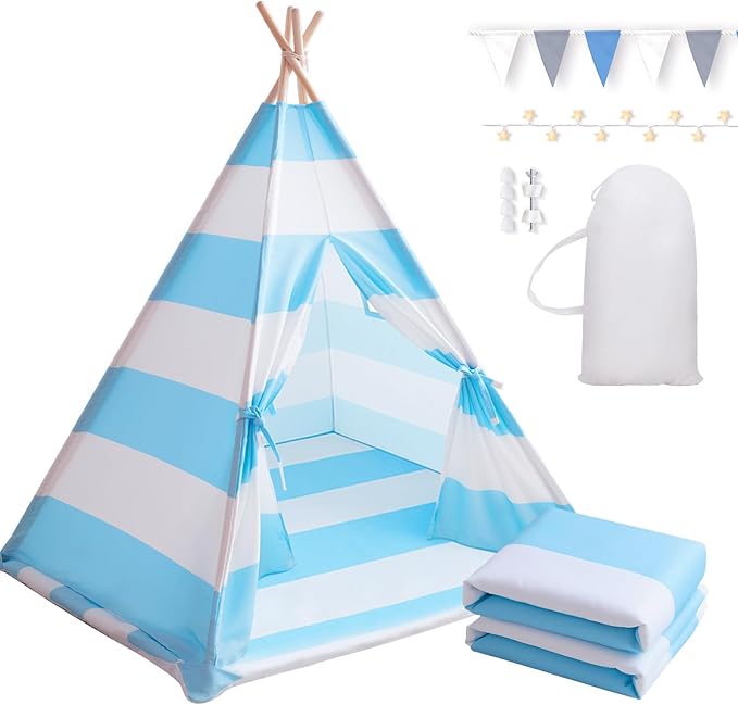 Teepee Tent for Kids with Padded Mat, Lights, and Carry Bag, Washable Playhouse for Indoor Use, Ideal Play Tent for Girls and Boys,Stripe Blue