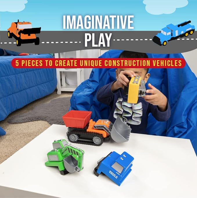 Popular Playthings Magnetic Build-a-Truck Construction Set of 4 Construction Vehicles with Real Construction Site Sounds