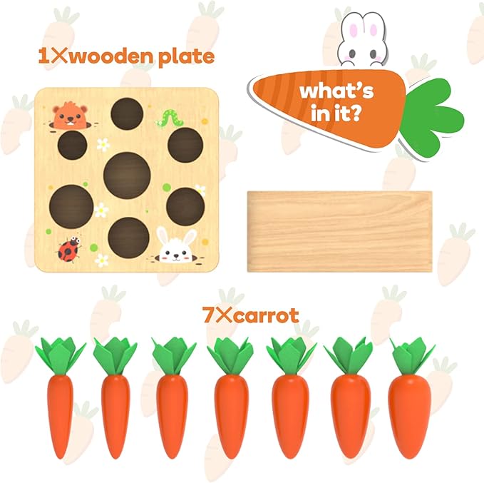 XPIY Montessori Toys for 1 Year Old, Carrots Harvest Wooden Baby Toys for 6-12 Months Educational Shape Sorting Matching Toys for Toddler Fine Motor Skill Development, Gift for Kids Birthday Easter