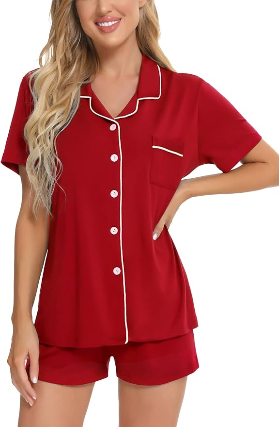 SWOMOG Womens Button Down Pajamas Set Short Sleeve Sleepwear Bride Soft Pj Lounge Sets XS-3XL