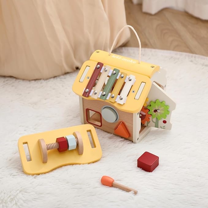 let's make Wooden Activity Cube 10-in-1 Montessori Toys Multi-Functional House Educational Toys Sensory Learning Activity Cube for Toddlers Babies 1st Birthday Gift