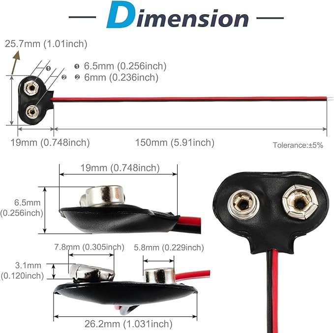 CHANZON UL Wires 20pcs 9v Battery Clip Connector T Connector with Leads Wires Plug Pigtail Harness of 10pairs 9 Volt Leather Kit for Arduino LED Strip Terminal