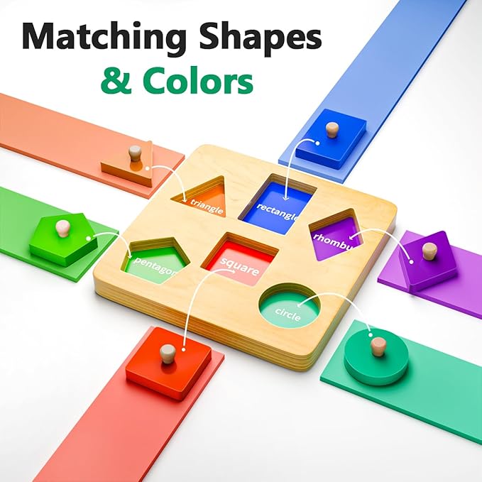 Wooden Shape Peg Puzzles for Toddlers 1 2 Year Old Boys Girls Gifts: Montessori Toys for 1 2 Year Old Toddler Learning Activities - Shape Sorter & Color Match Baby Puzzles 12-18-24 Months