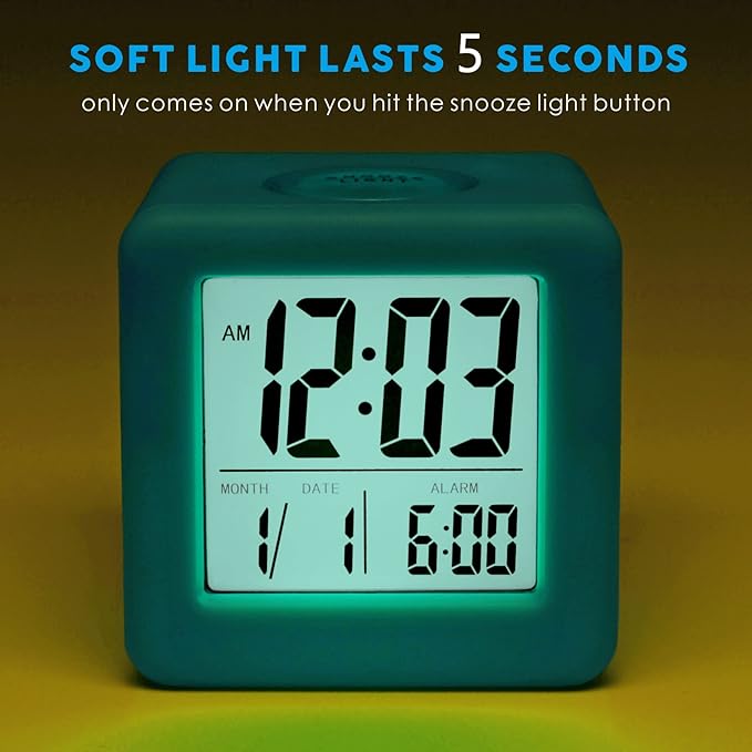Plumeet Digital Alarm Clock Kids Clock with Snooze and White Nightlight - Easy Setting Travel Alarm Clocks Display Time, Date, Alarm - Ascending Sound - Battery Powered (Baby Blue)