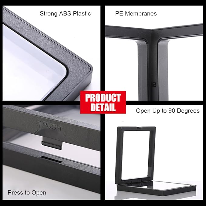 6 Pcs 3D Floating Display Case Frame Display Holder Stands Transparent PE Film Storage Box for Jewelry Challenge Coin Medal Antique 3.5 x 3.5 x 0.8 Inches Black and White