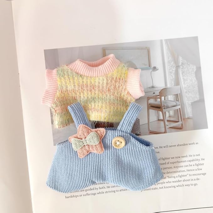Clothes for Labubu(NO Doll) - 15cm/17cm Doll Accessories Suit, Cute Outfit with Accessories - Colorful T-Shirt, Star Light Blue Romper and Heart Shaped Pink Hat