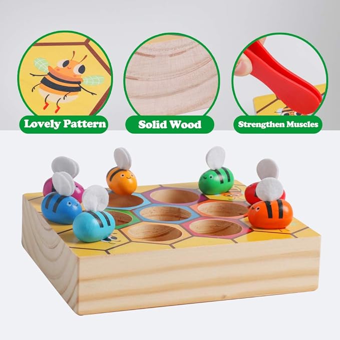 Toddler Fine Motor Skill Toy, Clamp Bee to Hive Matching Game, Montessori Wooden Bee Hive Toys, Wood Color Sorting Puzzle Early Learning Preschool Educational Gift for 3 4 5 Years Old Kids