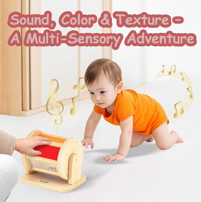Dailyfunn Montessori Toys Wooden Spinning Drum Tummy Time Floor Mirror Toy for Babies Toddlers 1-3 Years Old