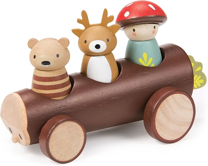 Tender Leaf Toys - Timber Taxi - Wooden Log Shaped Push Vehicle with 3 Removeable Characters - Open-Ended Play Toy, Explore Role-Play and Imagination for Boys and Girls - Age 18m+