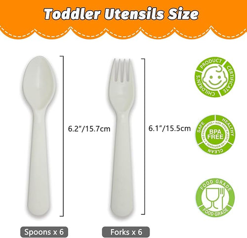 12 Pcs Kids Spoons and Forks Toddler Utensils Plastics Reusable Silverware Baby Cutlery Set Feeding Dinnerware Utensils BPA Free Microwave Dishwasher and Freezer Safe- White