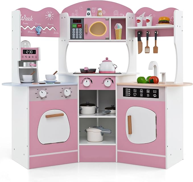 Costzon Corner Play Kitchen, Wooden Kids Kitchen Playset with Lights & Sound, Coffee Maker, Washing Machine, Oven, Microwave, Toddler Toy Kitchen for Pretend Play, Gift for Boys Girls 3+ (Pink)