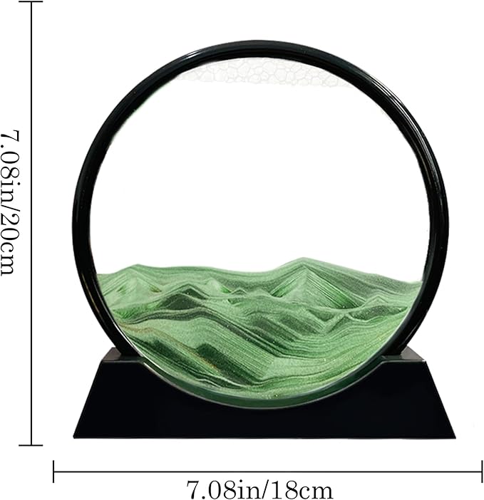 Aoderun Moving Sand Art Picture Round Glass 3D Deep Sea Sandscape in Motion Display Flowing Sand Frame Relaxing Desktop Home Office Work Decor (7", Green)
