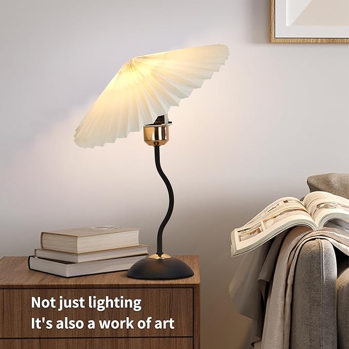 Arts Bedside Table Lamp for Bedroom, Cute Small Pleated Lamps for Nightstand, Vintage Lamp with Umbrella Shade, Decor Desk Reading Lamps for Living Room Kids Room Dorm Office with E26 LED Bulb