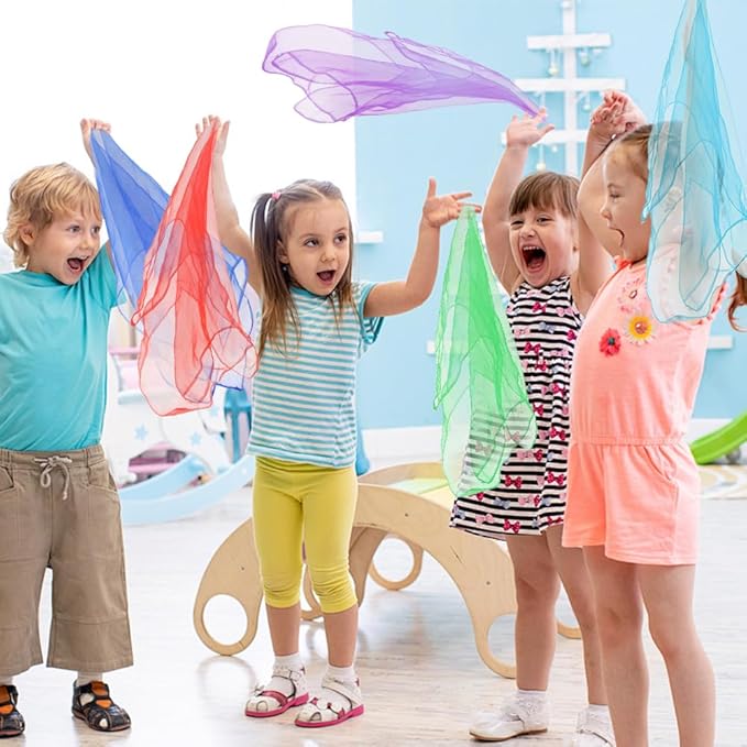 Juggling Scarves, Dance Scarves for Kids Play 12 PCS Square Silk Scarf Music Performance Props for Toddlers Children