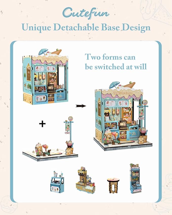 Cutefun Book Nook Kit - DIY Miniature Dollhouse Kit for Adults and Teens, Ice Cream Shop Mini House Building Kit with LED Bookshelf Insert Decor Creative Gifts (Bella's Ice Cream)