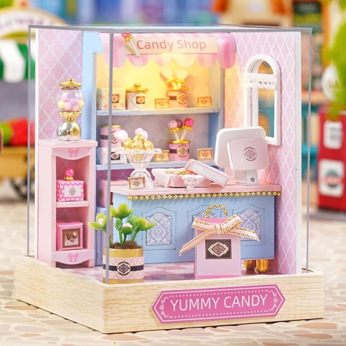 TuKIIE DIY Miniature Dollhouse Kit with Furniture, 1:24 Scale Creative Room Mini Wooden Doll House Plus Dust Proof for Kids Teens Adults(Yummy Candy)