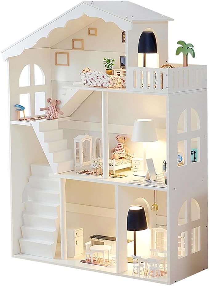 Wooden Dollhouse Bookshelf 3-Tier Doll House Bookcase Kids Books Toys Dolls Storage Organizer Shelves for Children's Bedroom Playroom Kindergarten Nursery Gift for Boys Girls Ages 3-8 Years Old