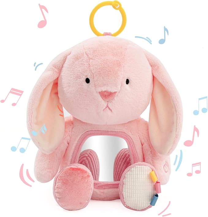 Koty Musical Tummy Time Toy,Baby Mirror Toy 3 Years Old, Infant Sensory Toy with Crinkle Sounds, Textures, Mirror & Melody Music Box for Tummy Time and Self-Discovery (Pink Rabbit)