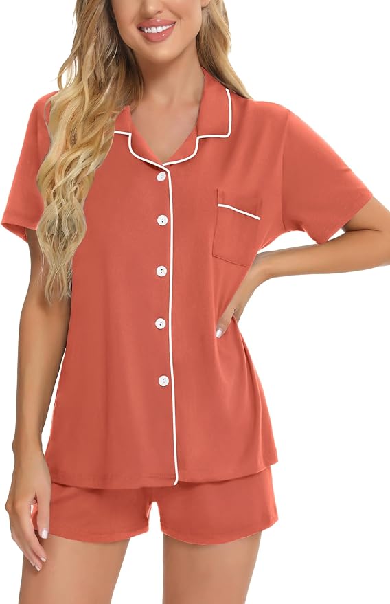 SWOMOG Womens Button Down Pajamas Set Short Sleeve Sleepwear Bride Soft Pj Lounge Sets XS-3XL