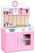 GLACER Kids Kitchen Playset, Wooden Pretend Cooking Set w/Removable Sink, Food & Cookware Accessories, Top Display Shelf, Play Kitchen Toy Set, Realistic Cooking for Toddlers (Pink)