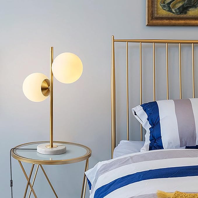 KCO Lighting Mid-Century Modern Table Lamp 2-Light Frosted Glass Globe Desk Lamp with Brushed Brass Finished Nightstand Bedside Lamp