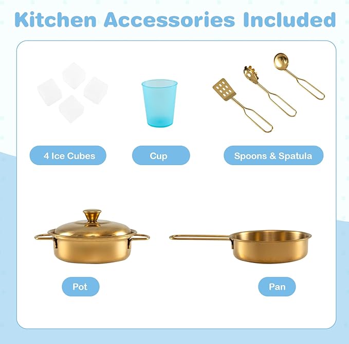HONEY JOY Kids Kitchen Playset, Wooden Little Chef Pretend Toy Kitchen Set w/Chalkboard, Telephone, Utensils, Oven, Microwave, Sink, Storage, Play Kitchen for Toddlers Boys Girls, White Golden
