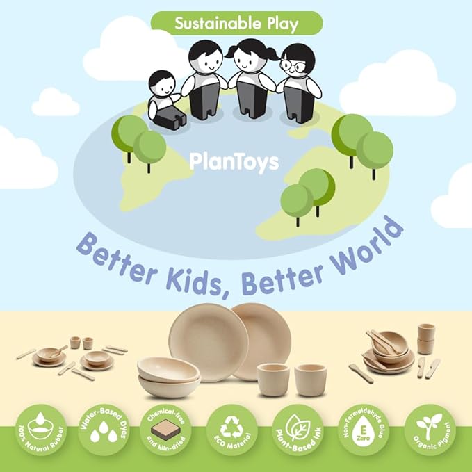 PlanToys® Pretend Play Wooden Tableware Set for Kids | 16-Piece Montessori Kitchen Toy Set with Plates, Cups, Bowls & Utensils | Eco-Friendly, Non-Toxic Toy for Toddlers & Preschoolers