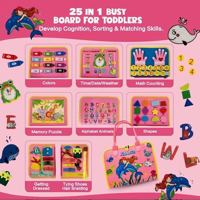 Busy Board Book Bag for Kids | Interactive Learning Activities for Ages 2-7 | Mermaid-Themed Skill-Building Kit | Hair Braiding, Tying Shoes, Math, and Alphabet Puzzles, Felt Bag