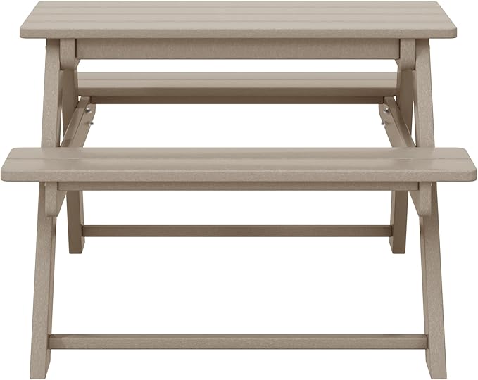 Costaelm Kids Picnic Table, HDPE All Weather Outdoor Toddler Picnic Table and Chair Set Kids Bench for Patio, Backyard, Garden, Lawn, Weathered Wood