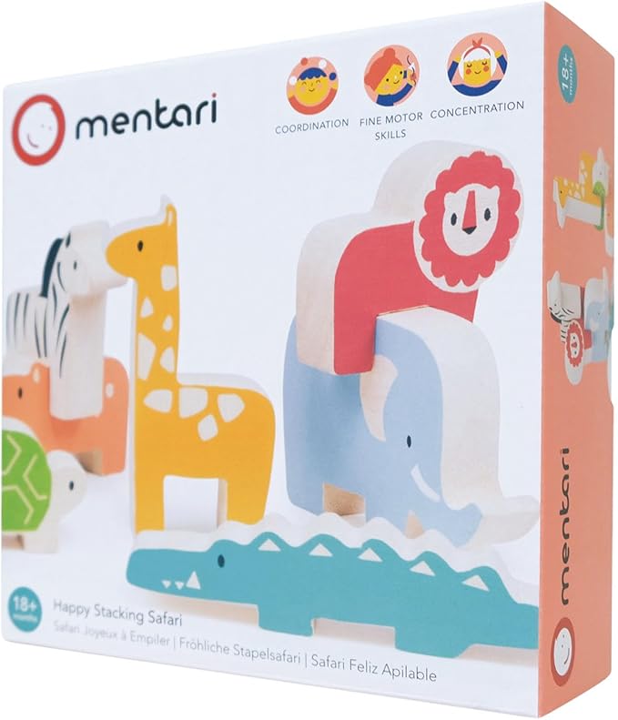Mentari Toys - Happy Stacking Safari - 7pc Wooden Stacking Toy for Toddlers - Colorful Safari Balancing Activity Toy with Bag - Boost Fine Motor Skills and Dexterity - Educational Toy - Age 18m+
